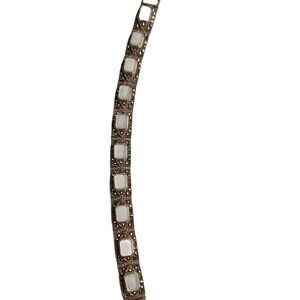 Vtg Sterling Silver Mother Of Pearl & Marcasite Panel Bracelet 6 1/2' 30.87g